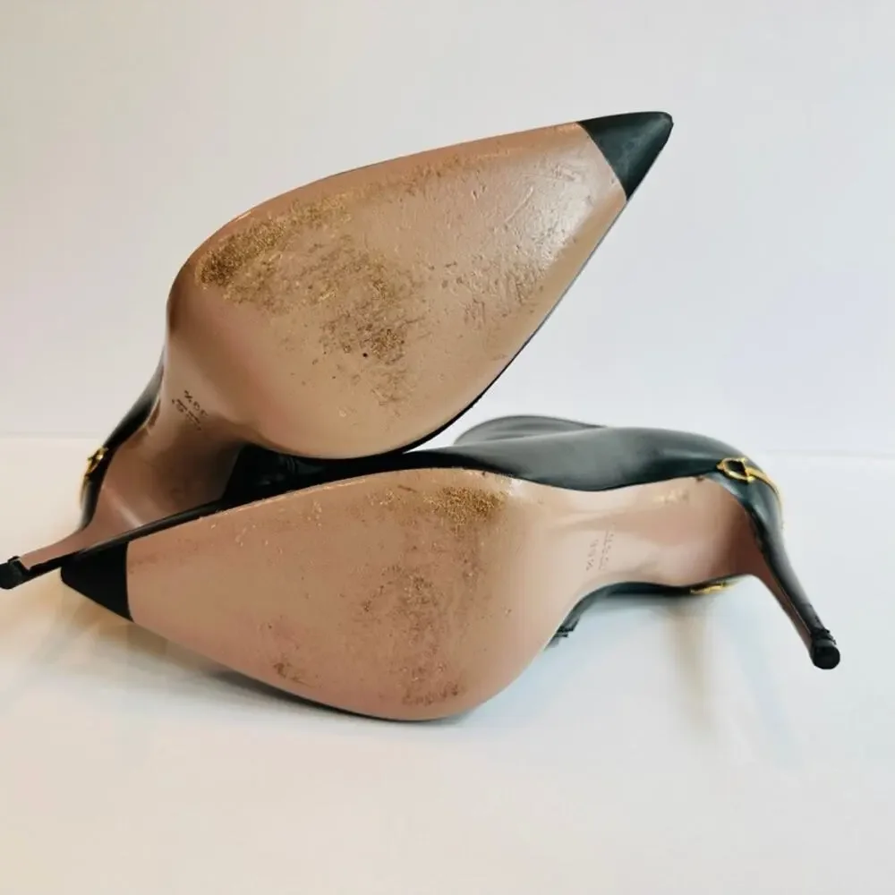 Gucci Black Ankle Boot Size 39.5 Spike Point Toe Horsebit D-Ring Gold Accent - Picture 8 of 12